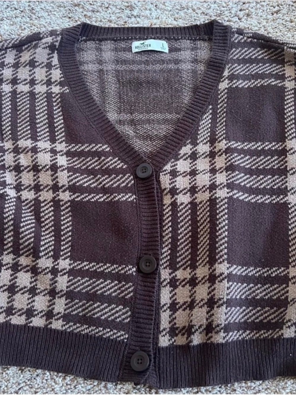 Hollister Brown and Tan Plaid Button-Up Sweater Cardigan